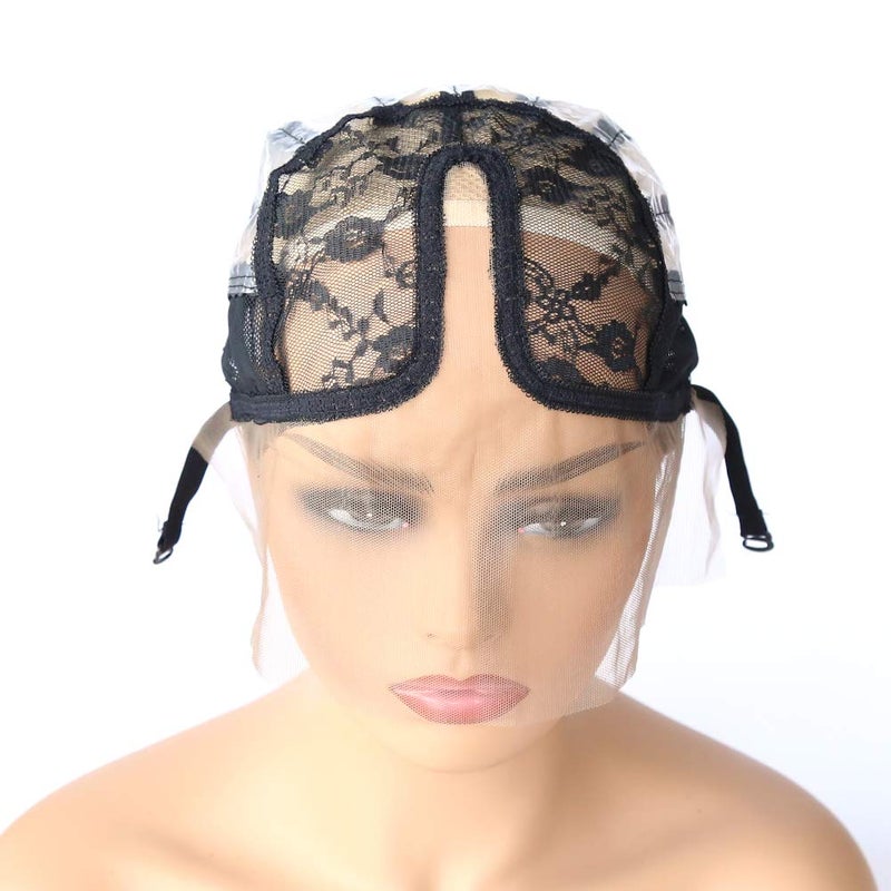 BTWTRY U Part Wig Cap with Lace for Wigs Making with Adjustable Strap Middle Part Medium Size Black Weaving Wig Cap for Women and Girls DIY Wigs (1 Pc, 0051) - Image 2